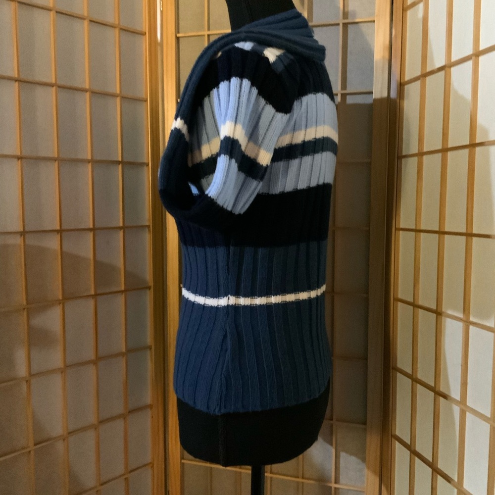 Elegant Navy and Light Blue Striped V-Neck Sweater - Picture 4 of 7